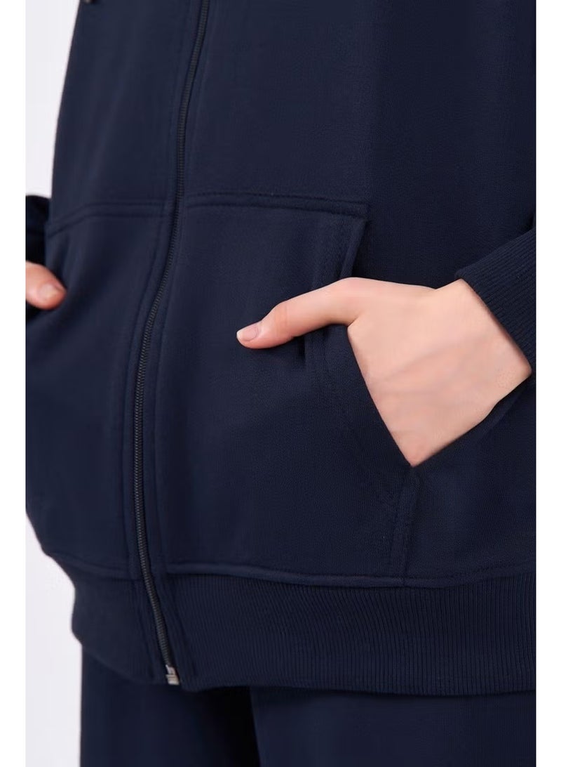 mmetalic Navy Blue Kangaroo Pocket Hooded Zippered Oversize Women's Sweatshirt - Image 1